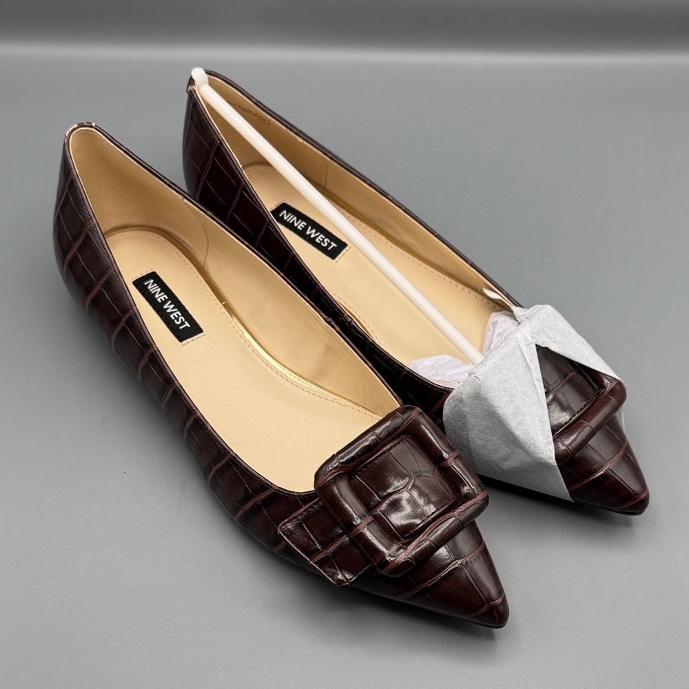 Nine West Dark Brown Croc-Embossed Pointed Toe Flats